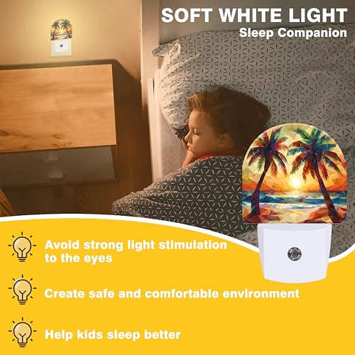 Image of Night Lights Plug into Wall Beach Sunset with Palm Trees Night Light Dusk to Dawn Smart Sensor Decorative Round Led Lamp for Bedroom Kitchen Hallway Nightlight for Women Men