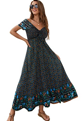 Women's Summer Floral Maxi Dress Casual Short Sleeve Flowy Boho Beach Party Long Dress