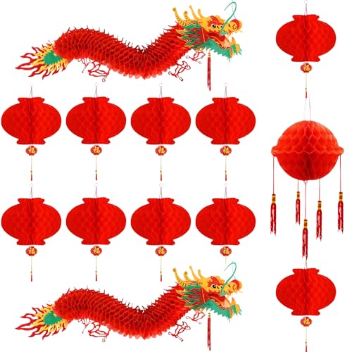 Cokacot 2PCS 3D New Year Dragon Garland Decoration with Ball & 10PCS Red Plastic Lanterns Chinese New Year Decoration Home Ceiling Hanging Ornaments