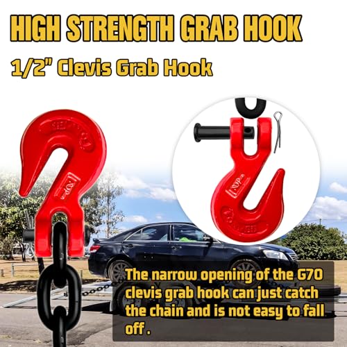 Image of G80 Transport Binder Chain,10FT 1 /2 inch Trailer Safety Chains with Clevis Grab Hooks,12,000 lbs Safe Working Load Heavy Duty Chain for Transporting,Towing,Logging Tie Down Binding
