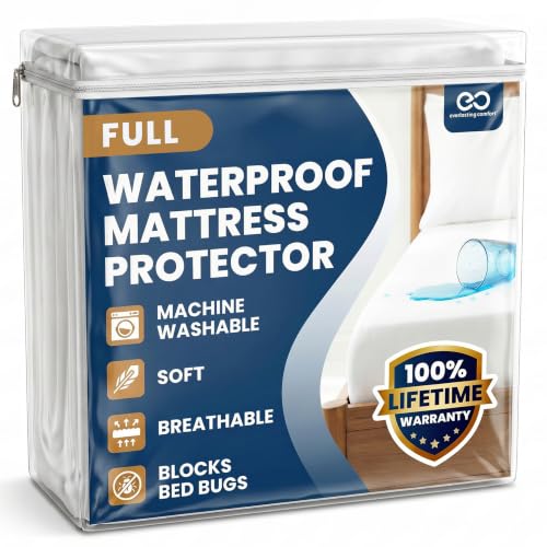 Everlasting Comfort Premium Full Size Mattress Protector - Waterproof & Hypoallergenic Noiseless Design Washable Cover 18 Deep Pocket Bed Bug & Dust Mite Proof Cover for Sleep Hygiene