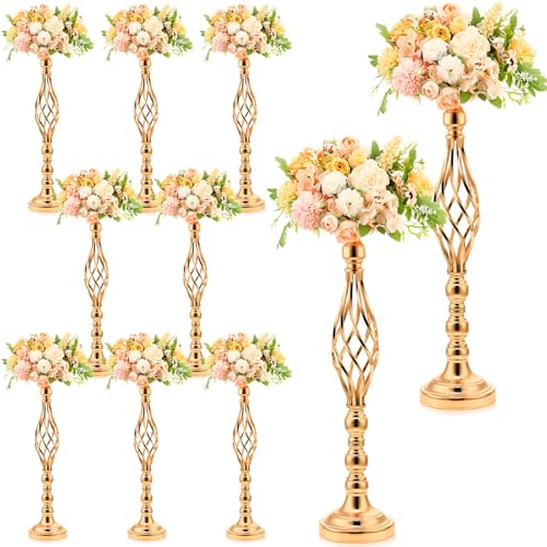 Rtteri 10 Pcs Large Wedding Centerpiece Table Decorations Tall Metal Flower Arrangement Stand Elegant Flower Vase Candle Holder for Wedding Reception Table Party Event Hotel Home Decor (Gold Large)