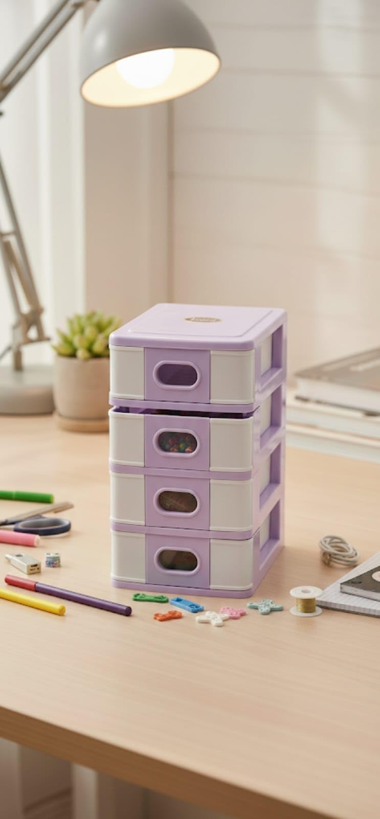 4-Drawer Desktop Organizer, Blue, Pink, green and Purple. Plastic Storage Tower (Purple and White)-picture-26