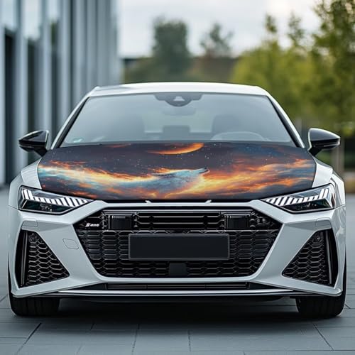 Image of Moon Wolf Print Cat Car Hood Cover Slip-On Washable Elastic Weatherproof Fabric Elastic Band Fixation Fits Most Cars