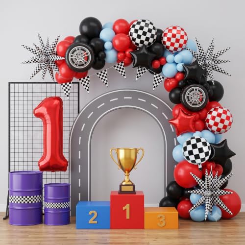 Image of TONIFUL Race Car Party Balloons Set - 40 Inch Red Number 1 Foil Balloon with Checkered Round, Explosion Star & Star Balloons for Boys 1st Birthday Car Themed Decorations, Photo Backdrop Supplies