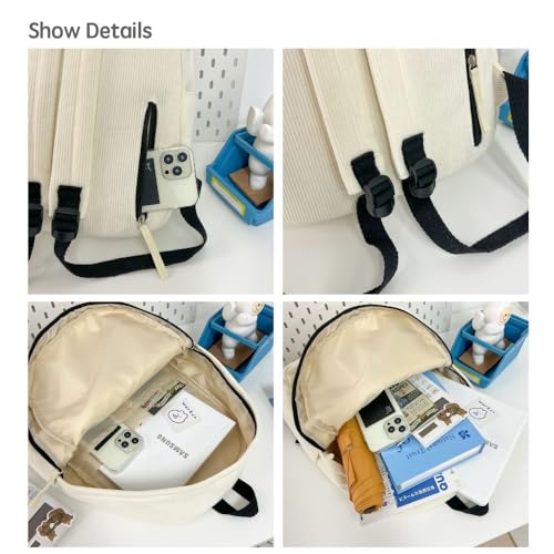 JHTPSLR Coquette Corduroy Backpack Bowknot Balletcore Aesthetic Backpack Cute Preppy Backpack Laptop Backpack Mochilas (White)3