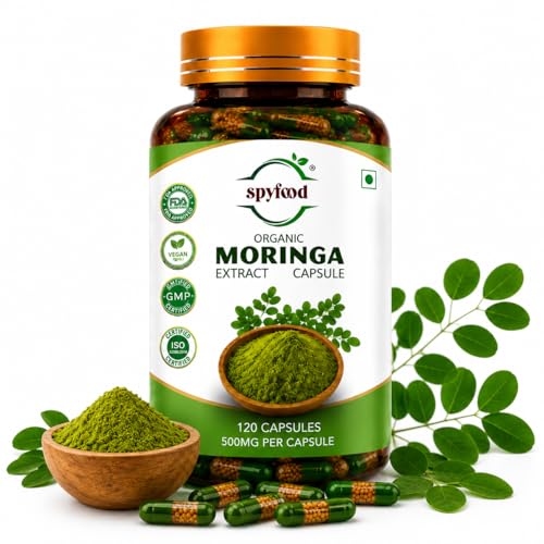 Image of SPYFOOD Organic India Moringa Extract Capsules - 120 Veg Caps, Essential Nutrition Superfood, Helps Naturally Boost Energy Level, Improves Stamina, Rich In Vitamins & Minerals, GMP & NPOP Certified Organic