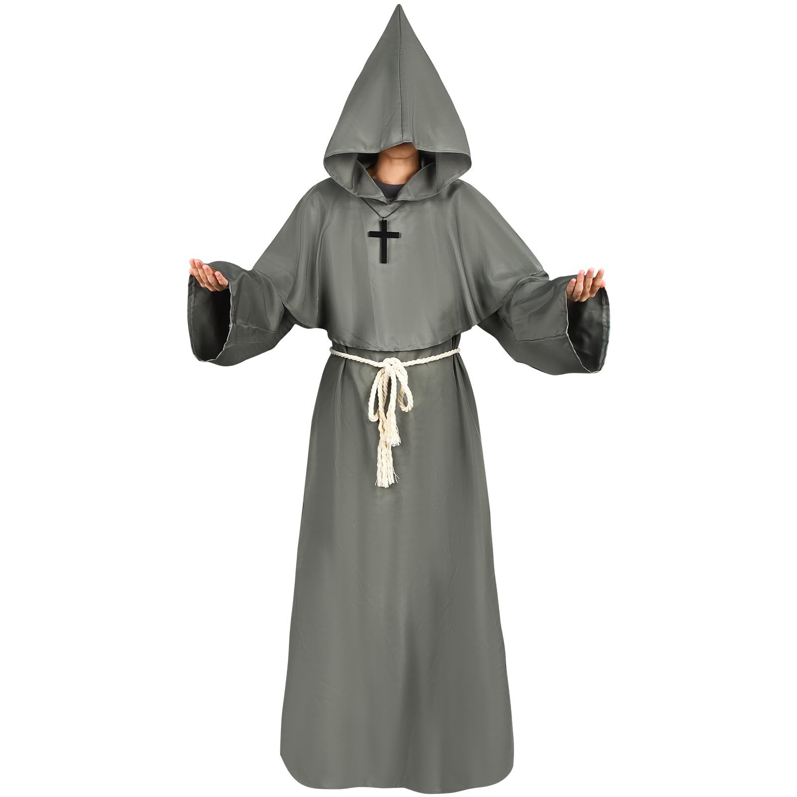 Disfraz de Monje Halloween, Túnica de Monje con Capucha, Medieval de Halloween Bata Sacerdote con Collar de Cruz, Pegatina Cicatriz Disfraz Medieval Sacerdote