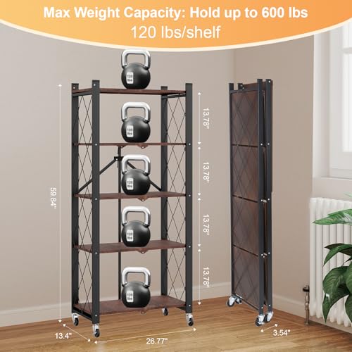 Image of 5-Tier Foldable Storage Shelves with Wheels,Folding Bookshelf no Assembly | Folding Metal Shelf Unit, Collapsible Shelves for Craft Shows for Kitchen, Bedroom, Living Room, Rustic Brown