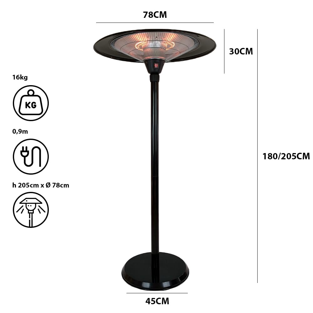 Stufa Elettrica SATURNO 3000W | Fungo Riscaldante ad Infrarossi | Regolabile in altezza con Base Stabile e Struttura in Metallo | Ideale per Esterno/Interno IP44 (Nero)