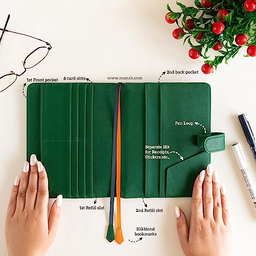 Image of NEORAH - B6 Notebook SLEEVE with SNAP Button - [ SLEEVE ONLY ]|Vegan Leather|Office Diary Holder with Penloop|2 Front & 1 Back Pocket |6 Card Slots |2 BookMarks - Fits any B6 Softcover -DARK GREEN
