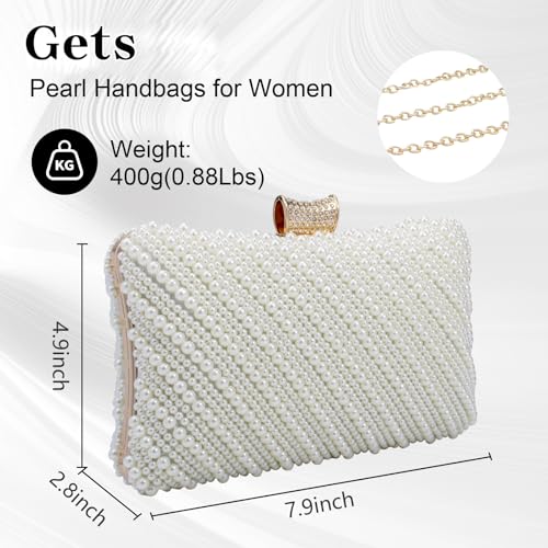 Image of Gets White Pearl Clutch Purses for Women Wedding Bride Evening Bag Formal Party Clutches Tote Handbag Prom Shoulder Bags