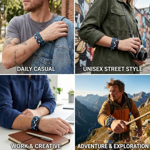 Image of Young & Forever Multi-Layer Leather Bracelet for Men | Adjustable Handmade Wrap Bracelet with Beads, Anchor, Evil Eye, Feather & Boho Charms | Vintage Punk Casual Wristband Gift for Men & Boys