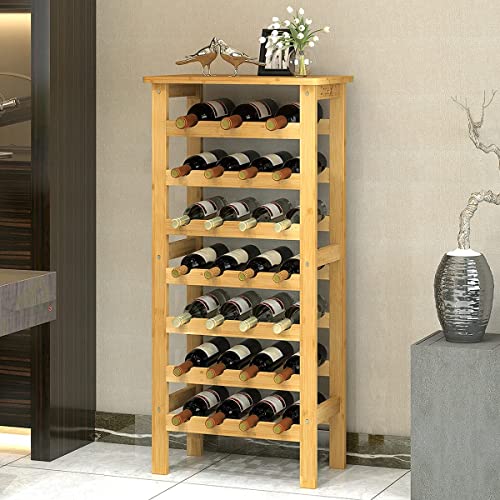 Dripex Bamboo Wine Rack Free Standing 7-Tier 27 Bottles Wine Holder Display Storage Shelves with Table Top for Home Kitchen Pantry 47 x 29 x 102cm