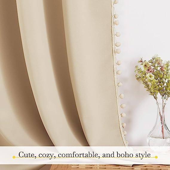 Image of Amazon Brand - Umi Velvet Eyelet Door Curtains with pom pom Lace for Living Room Bedroom Kitchen 1 pc Pack in Beige Color (Windows - 4 feet x 6 feet)