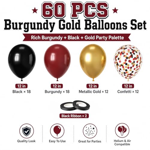 Image of Burgundy Gold Balloons, 60Pcs Burgundy Balloon, 12 Inch Metallic Gold Wine and Black Latex Balloons for Birthday Party Bachelorette Graduation Anniversary Bridal Shower Celebration Party Decorations