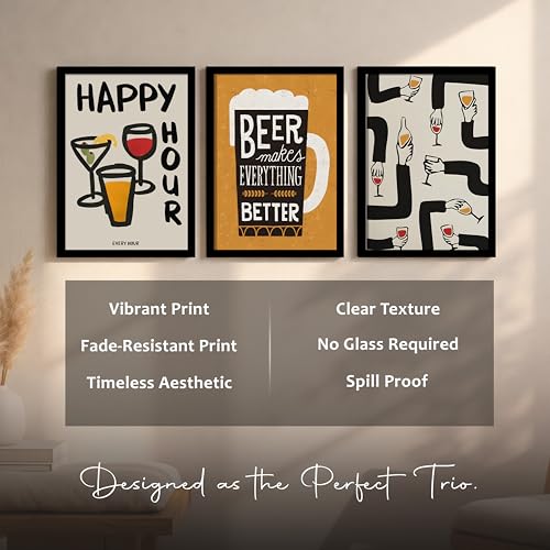 Image of PAINTINGMANTRA Bar and Beer Retro Graphic Framed Poster for Living Room inchHappy Hour inch Retro Framed Painting for Home Decor Bar Pub Lounge Dining area restaurant Hotel Set of 3, Size 33x45 cm