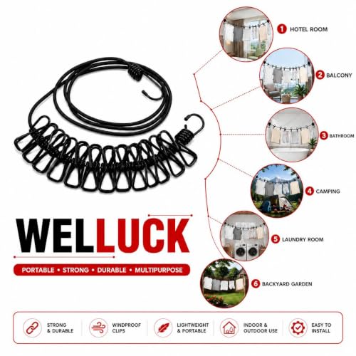 Image of WELLUCK 1 Pc Elastic Clothes Drying Rope with Hooks & 12 Clips | Portable Hanging Clothesline for Travel, Home, Balcony & Outdoor Use | Kapde Sukhane Ki Rassi Wire | Strong Stretchable