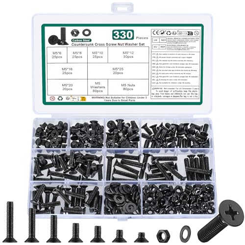 Lot de 330 vis et écrous, boulons à tête évasée croix, vis à tête plate avec rondelles, ensemble d'écrous et de boulons en croix assortiment, kit noir