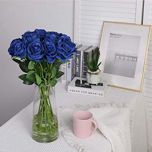 Nubry Artificial Silk Rose Flower Single Stem Lifelike Fake Rose for Wedding Bouquet Floral Arrangements Home Party Centerpiece Decoration, 10pcs (Blue)
