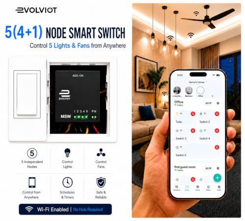 Image of 5 (4+1) Node Smart Switch Module Wi-Fi (Made in India) | 4 AC Outputs + 1 Dimmer Control | Alexa, Google Assistant, Siri Compatible | App, Web, Manual Control, | 2.4GHz & Local Wi-Fi (Black)