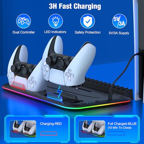 Euroa Ps5 Stand, Ps5 Slim Stand With Cooling Station And Controller Charging Station For Ps5 Slim Console Disc/Digital, Ps5 Accessories-Cooling Fan, Rgb Led, Headset Holder, 15 Game Slot For Playstation 5 thumb #4