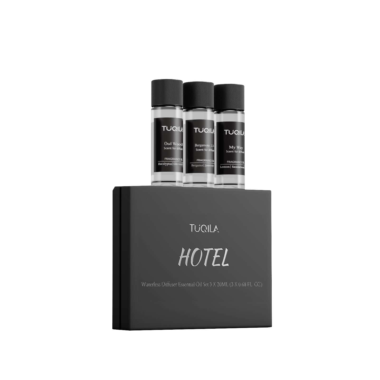 Tuqila Hotel Luxury Waterless Diffuser Essentail Oil Gift Set(3x20mL), Aroma Scent Oil My Way, Bergamot 22, Oud Wood Usage Cold Air Diffuser Oils Aromatherapy for Home, Car, Hotel, Office