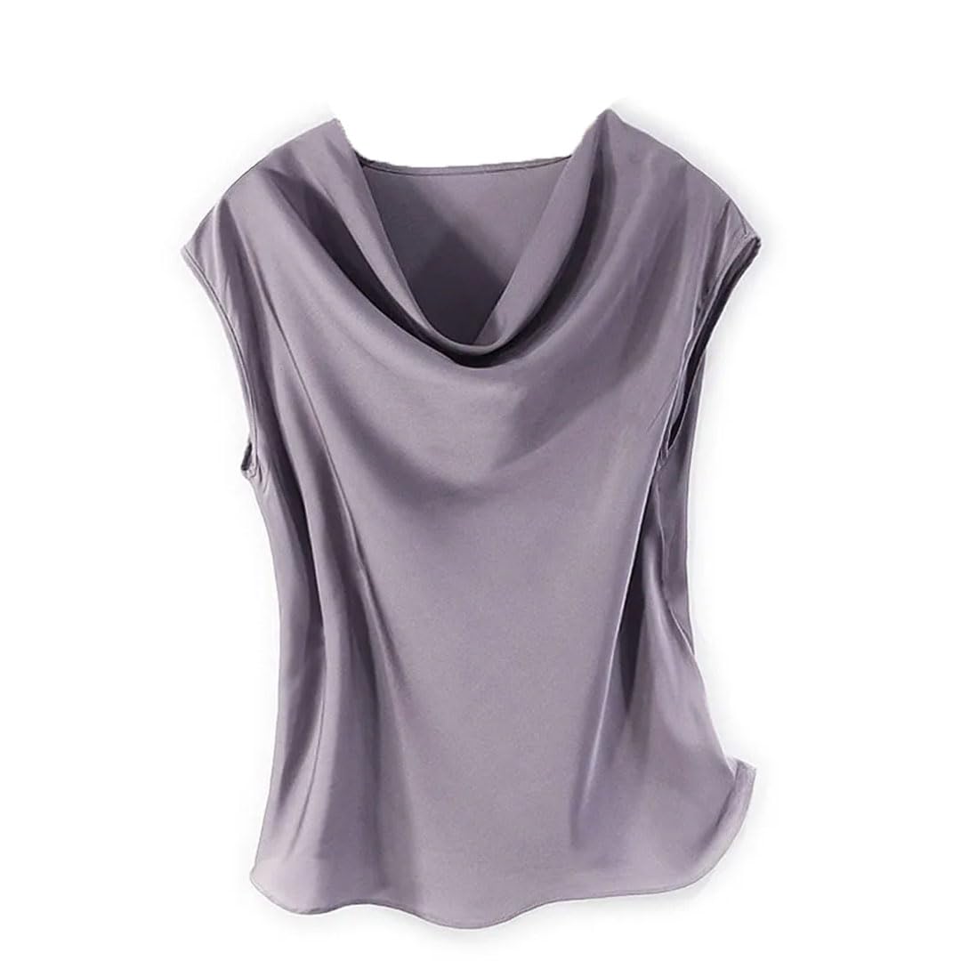 Camiseta de seda para mujer, cuello drapeado, sin mangas, chaleco, Morado (, L