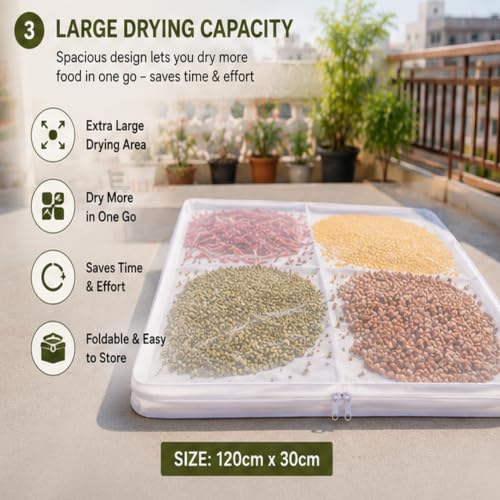 Image of EITHEO Food Drying Net with Zip Cover | Cotton Papad Drying Cloth for Papad, Vadagam, Chillies, Herbs & Spices | Breathable, Washable & Reusable | Bird & Dust Protection | White | Pack of 1 24x36 Inch