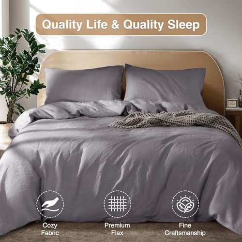 SONORO KATE 100% French Linen Duvet Cover Queen Size, Soft Breathable for Hot Sleepers, Moisture Wicking & Durable Cover Set - Zipper Closure & 4 Corner Ties Duvet Covers 3 Piece (Dark Grey,Queen)