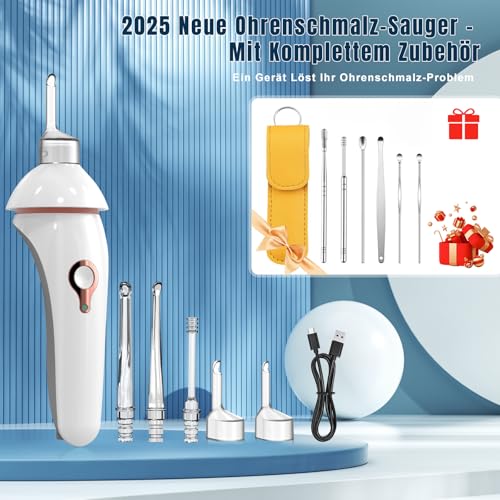 Robofun 2025 Neuheit Ohrenschmalz Sauger mit LED-Licht, Schmerzloses-Wirksames Ohrenschmalz Entferner , Geräuscharm Ohrenreiniger mit Komplett‑Zubehörset für Familien, Weiß