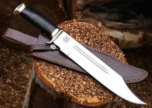 SHINY CRAFTS® -Outdoor Bowie Knife Gift – 18" Fixed Blade with Black Leather Handle & Sheath for Hiking