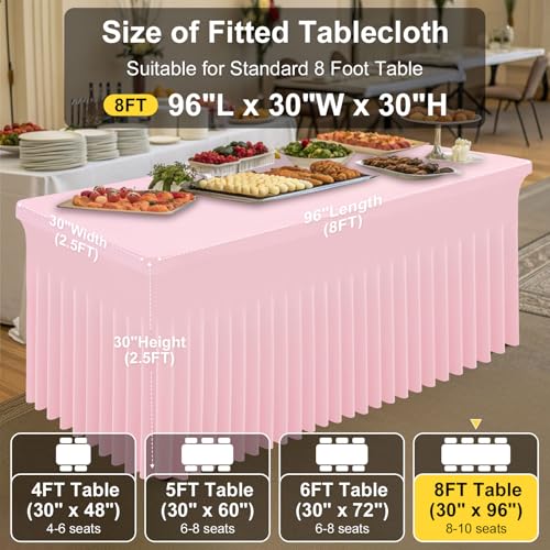 Image of Smiry 2 Pack Spandex Elastic Fitted Table Cloth Skirt for 8FT Table | Stretch Washable Table Cloth, Banquet Table Cover for Wedding, Party, Indoor & Trade Shows, (Pink, 96Lx30Wx30H)