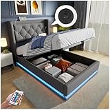 Racxily Cama individual con LED y función de carga USB & Type-C, cama contenedor hidráulico 90 x 200 cm, función LED en 3 lados, cama de una plaza y media con cabecero acolchado, gris