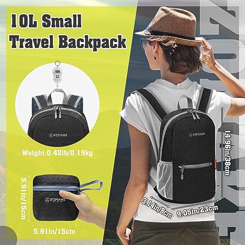 ZOMAKE 10L Lightweight Packable Hiking Backpack, Small Travel Hiking Daypack for Women Men Tear Resistant Foldable Day Pack for Camping Outdoor Sports(Black) — view 2