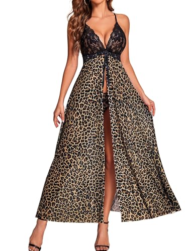 Image of SSoShHub Women Lingerie Lace Babydoll Dress Open Front Sleepwear Long Sheer Nightgowns V Neck Nightwear for Wife, Women Wedding Valentine Special Night Occasion Festival
