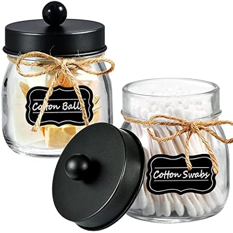 Amolliar Mason Jar Bathroom Vanity Organizer - Farmhouse Decor Qtip Dispenser Holder Canister Glass - 8oz Mason Jars &Stainless Steel Lids for Q-tips,Cotton Swabs,Rounds,Bath Salts,Ball/Black,2-Pack Cover