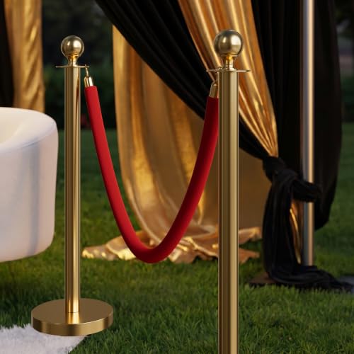 Image of 4PCS Red Velvet Stanchion Ropes 5 Ft Crowd Control Ropes Barrier with Gold Hooks for Party Supplies,Photobooth Accessories, Prom,Birthday,Business,Wedding, Museums