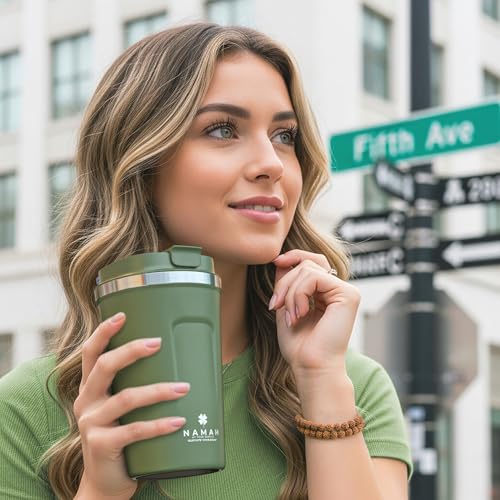 Image of Namah Insulated Coffee Travel Mug 380 ml with Lid, Leak Proof Stainless Steel Thermosteel Vacuum Insulated Mug, Hot & Cold Reusable Coffee Mug for Office, Car Cup Holder Friendly