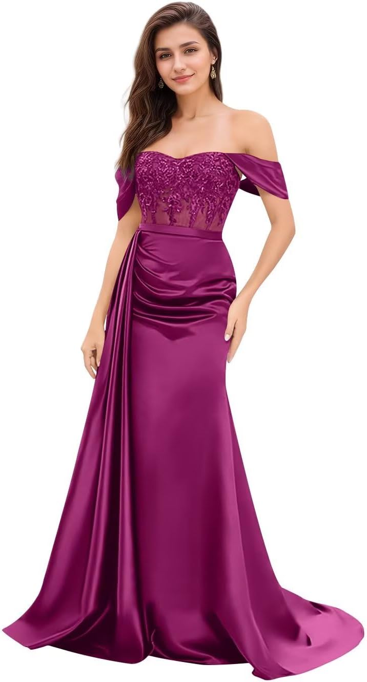 Off The Shoulder Prom Dresses for Women Lace Applique Bridesmaid Dress A-Line Formal Evening Party Gown Slit