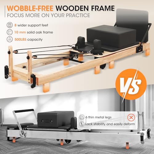 Pilates Reformer, PAETA Wooden Foldable Pilates Reformer Machine with Springs, Pilates Machines for Home Use and Studio, Pilates Equipment with Sitting Box, Jump Board and Accessories