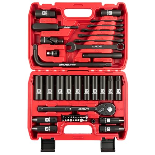 Image of LLNDEI 1 /2 inch Dr. Ratchet Impact Socket Wrench Set,Deep Sockets(8-24mm),Spark Plug Socket(16,21mm),49PCS, CR-V, Metric, With Combination Wrenches (8-17mm)