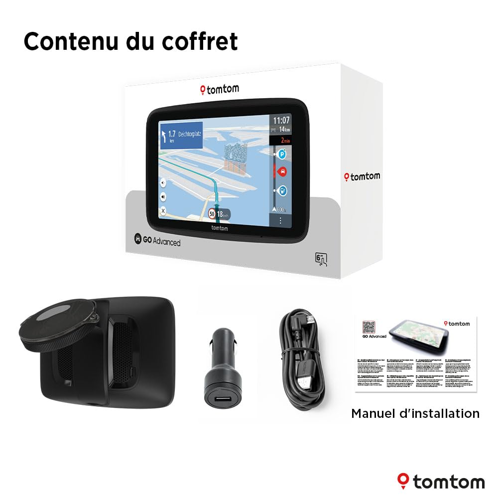 TomTom GPS Voiture GO Advanced (6 Pouces infos trafic, essai des alertes de Zones de Danger, Carte Monde, mises à Jour Via Wi-FI, Guidage sur Changement de Voie, repères visuels, Fixation réversible)
