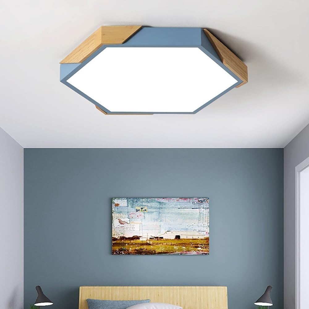 LYMSXAZOU Semi Flush Mount Ceiling Light Dimmable Modern Wood LED White Lamps Geometry Lighting for Bedroom Dining Room Kitchen Laundry Hallway(Blue 24.4in)