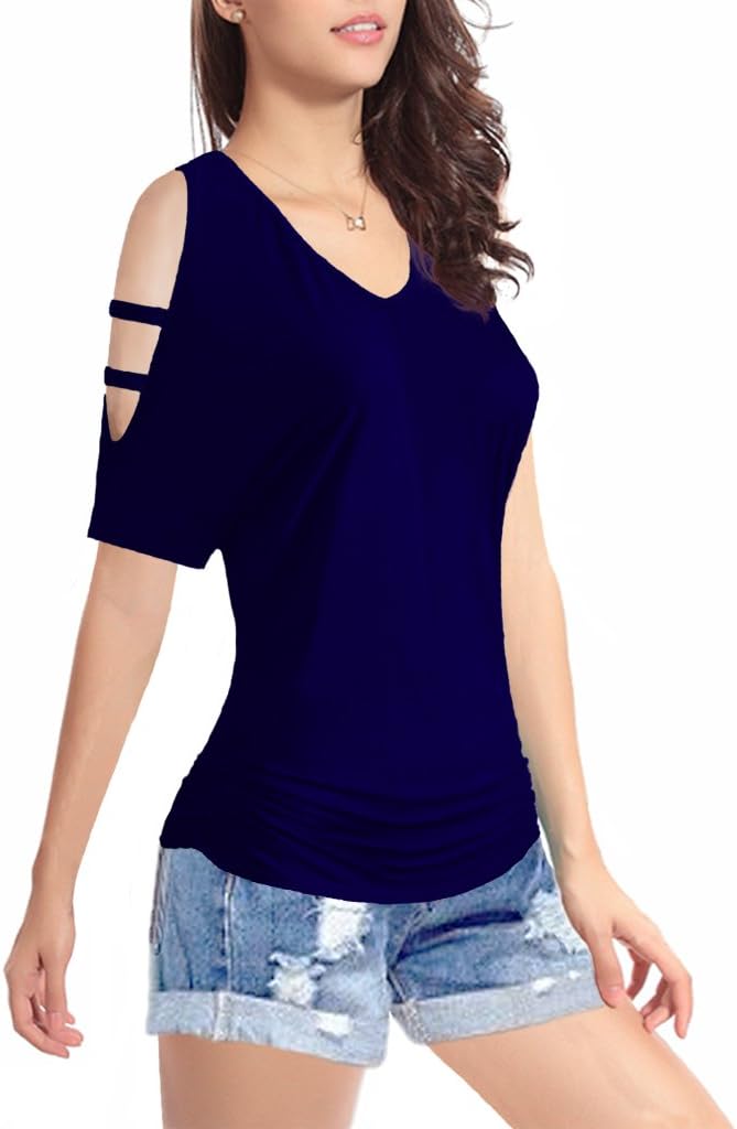 Women's Short Sleeve Shirt V-Neck Drape Waist Blouse Tops (Large, DarkBlue#2)