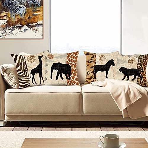 Animal Print Pillow Covers 18X18 Set Of 4, African Animals Throw Pillow Covers Zebra Leopard Pillowcase Giraffe Elephant Horse Rustic Cabin Cushion Cases For Home Farmhouse Outdoor Yard #TOP2