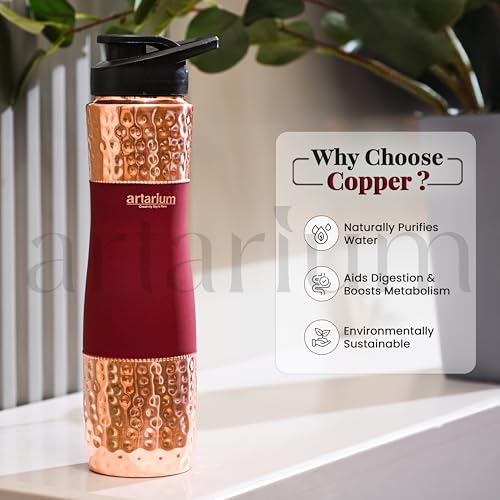 Image of Artarium Red Sipper Pure Copper Bottle 1 Litre Advanced Leak Proof Protection Durable & Rust Proof Copper Bottle With Added Health Benefits Anti Oxidant Properties (Sipper Water Bottle Red 29Cm)