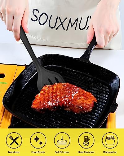 SouxMux 4 Pcs Silicone Kitchen Utensils Set,Wok Spatulas-Slotted Turner-Cooking Spoon-Slotted Spoon,Nonstick BPA Free High Heat Resistant Cooking for Frying, Mixing,Serving, Draining, Stirring, Black - Image 6