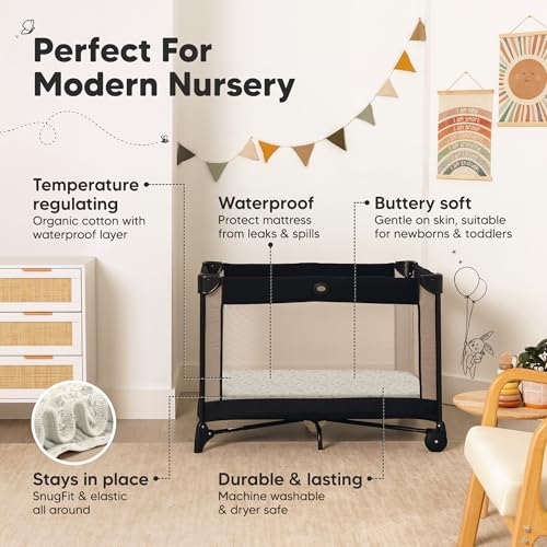 Image of 2 Pack and Play Sheets, Waterproof Mini Crib Sheets Fitted - 38x26 Organic Cotton Pack N Play Sheets for Graco Pack and Play Mattress, Playard Baby Crib Sheets,Neutral for Boy,Girl,Toddler(Pine Grove)