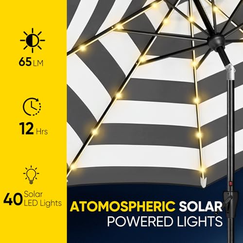 Image of Tempera Patio LED Umbrella with Light | Solar Outdoor Umbrella | Market Table Parasol with Push Button Tilt and Crank, with Sturdy Pole & Fade Resistant Canopy, Easy to Set